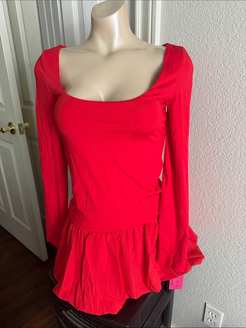 Red Long-Sleeve Square Neck Peplum Dress
